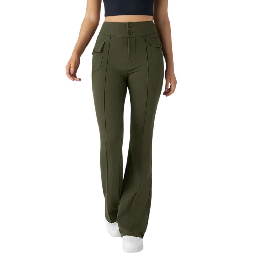 Halara High Waisted Side Flap Pocket Flare Cargo Pants In Forest Night Sz MP